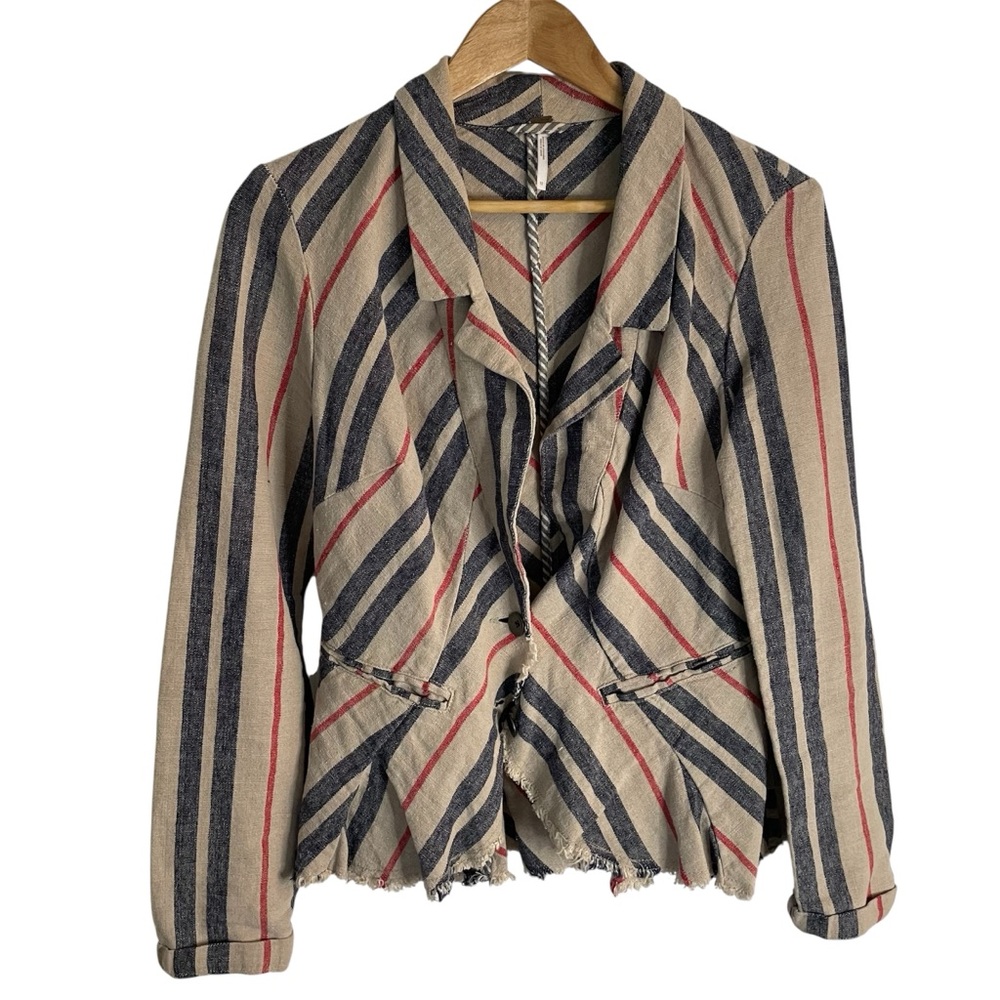 Free People England Peplum Long sleeve linen striped jacket size 10 trad wife